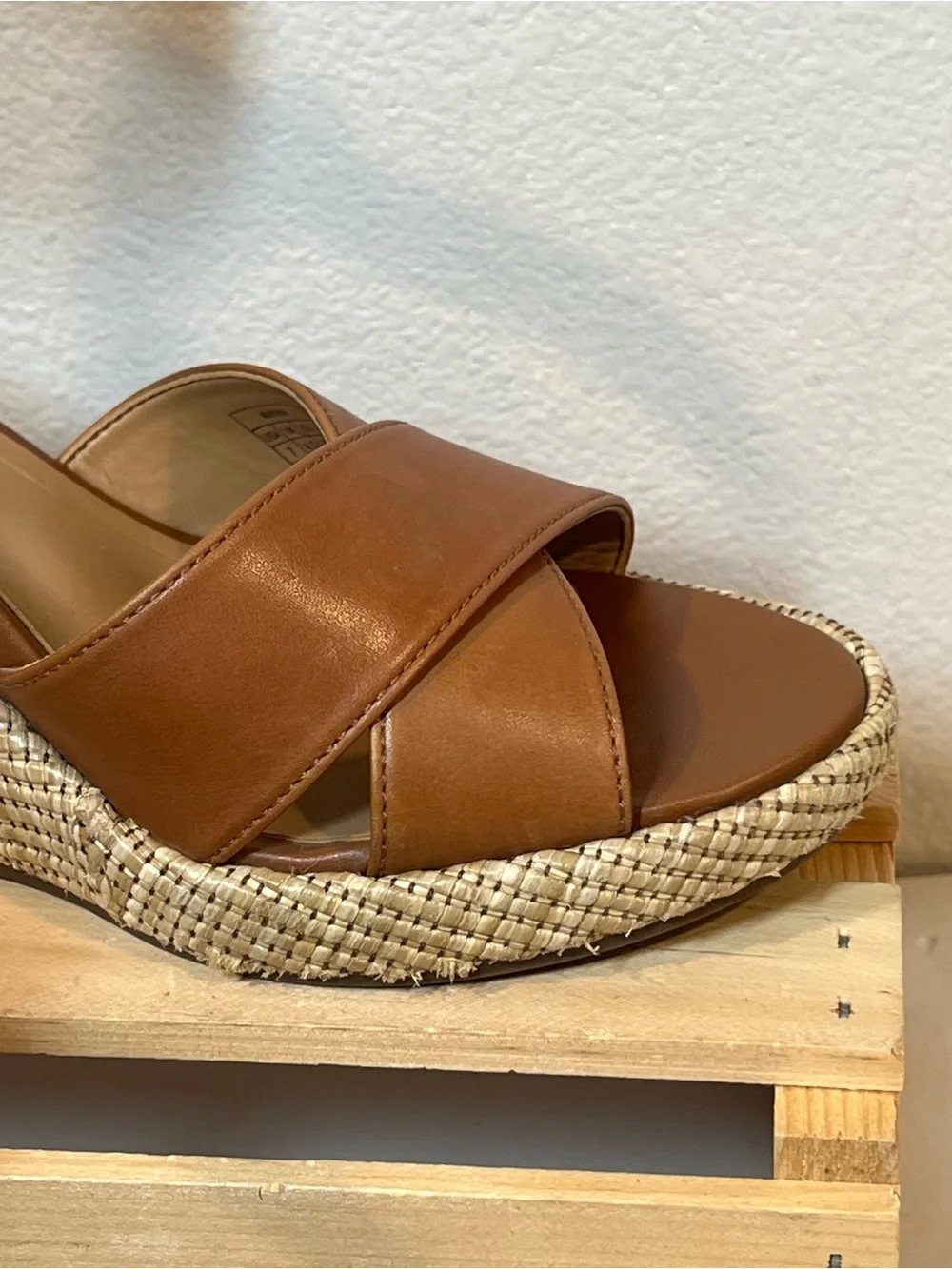 Vionic Tan Leather Espadrille Wedge Sandals with Ankle Strap